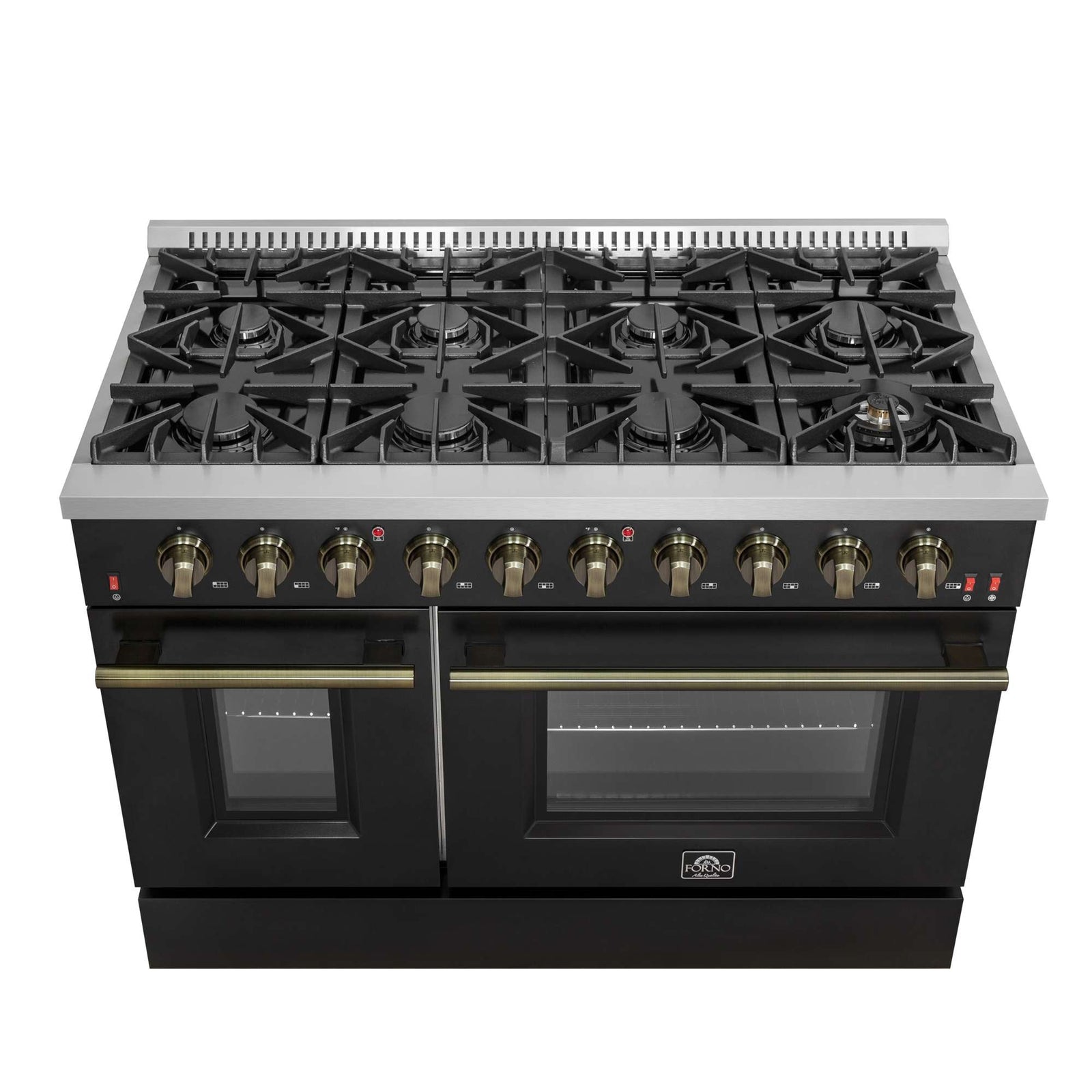Forno Galiano 48-inch Gas Range Black & Antique Brass Design, 8 Burners, 107,000 BTU, Griddle, 6.58 cu.ft. Double Ovens - FFSGS6244-48BLK
