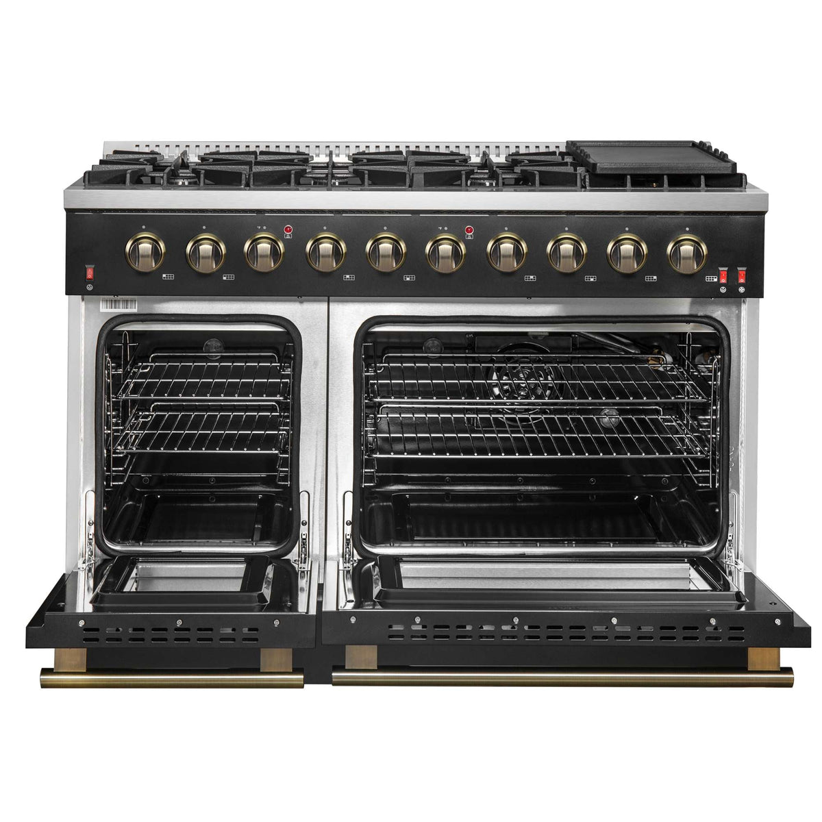 Forno Galiano 48-inch Gas Range Black & Antique Brass Design, 8 Burners, 107,000 BTU, Griddle, 6.58 cu.ft. Double Ovens - FFSGS6244-48BLK
