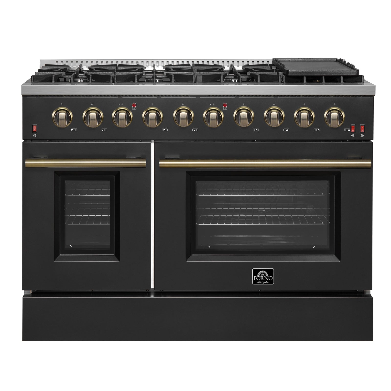 Forno Galiano 48-inch Gas Range Black & Antique Brass Design, 8 Burners, 107,000 BTU, Griddle, 6.58 cu.ft. Double Ovens - FFSGS6244-48BLK