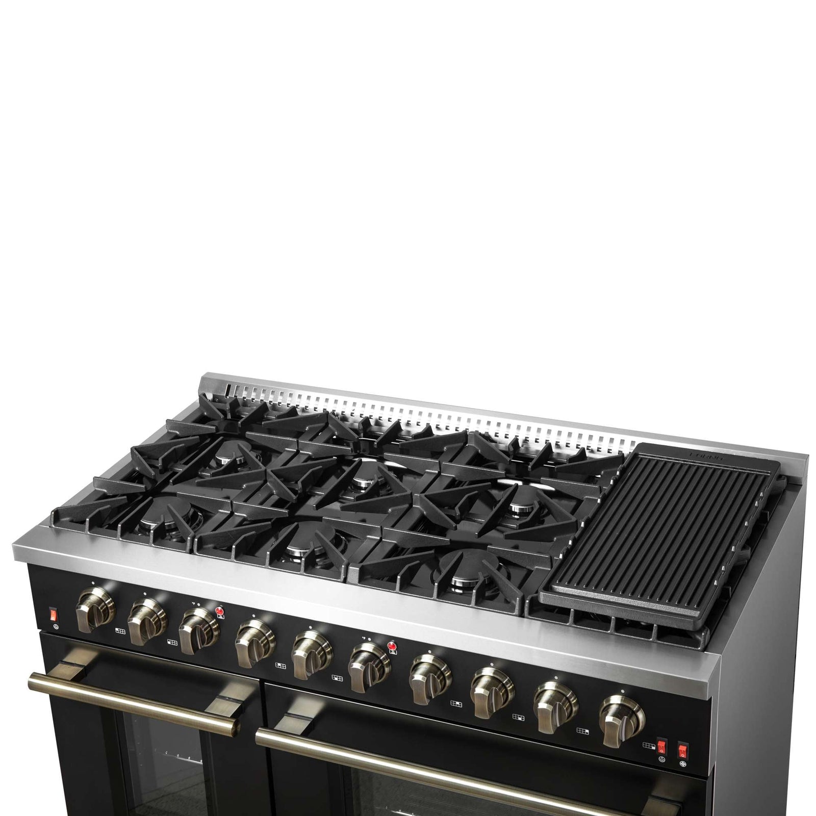 Forno Galiano 48-inch Gas Range Black & Antique Brass Design, 8 Burners, 107,000 BTU, Griddle, 6.58 cu.ft. Double Ovens - FFSGS6244-48BLK
