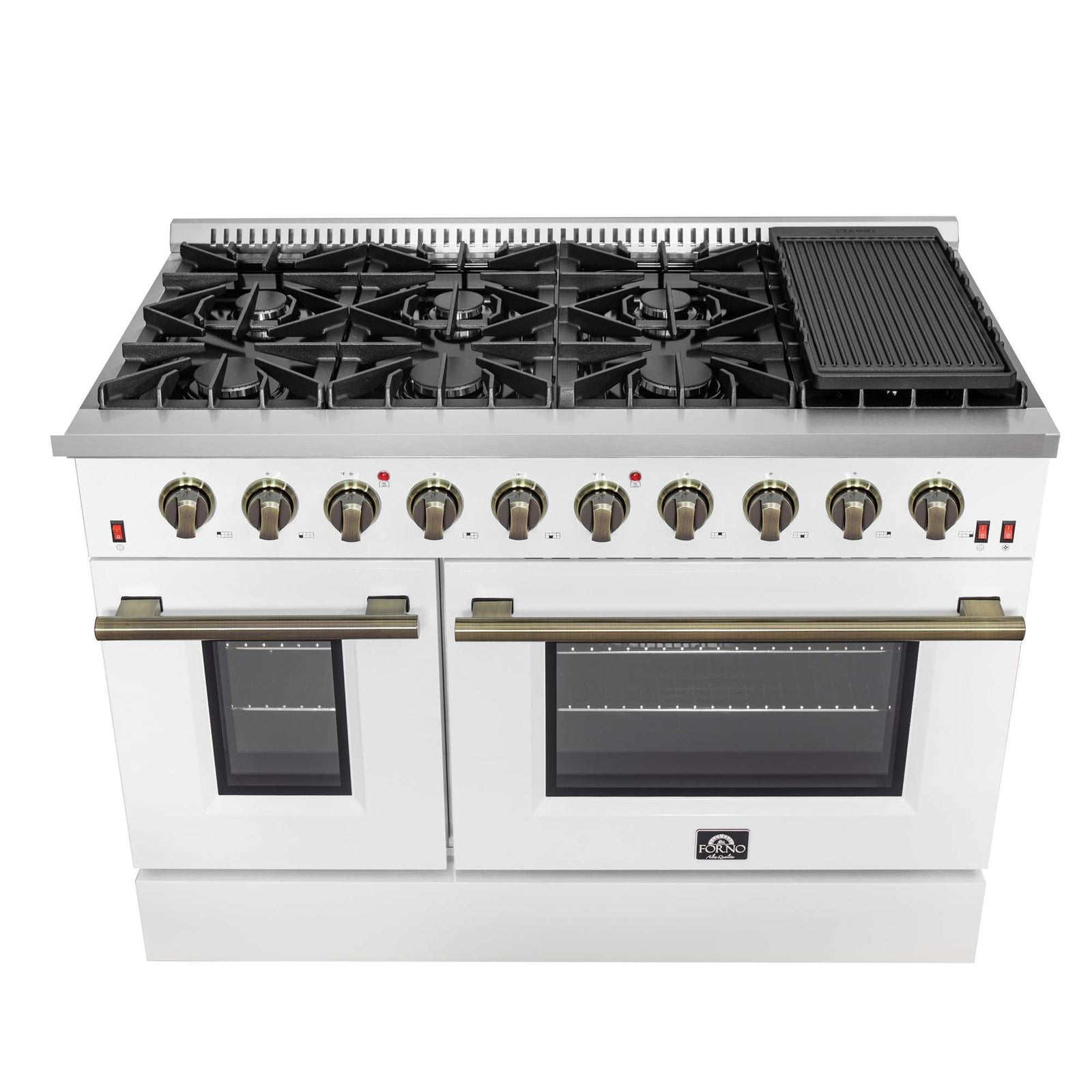 Forno Galiano 48-inch Gas Range White & Antique Brass Design, 8 Burners, 107,000 BTU, Griddle, 6.58 cu.ft. Double Ovens - FFSGS6244-48WHT