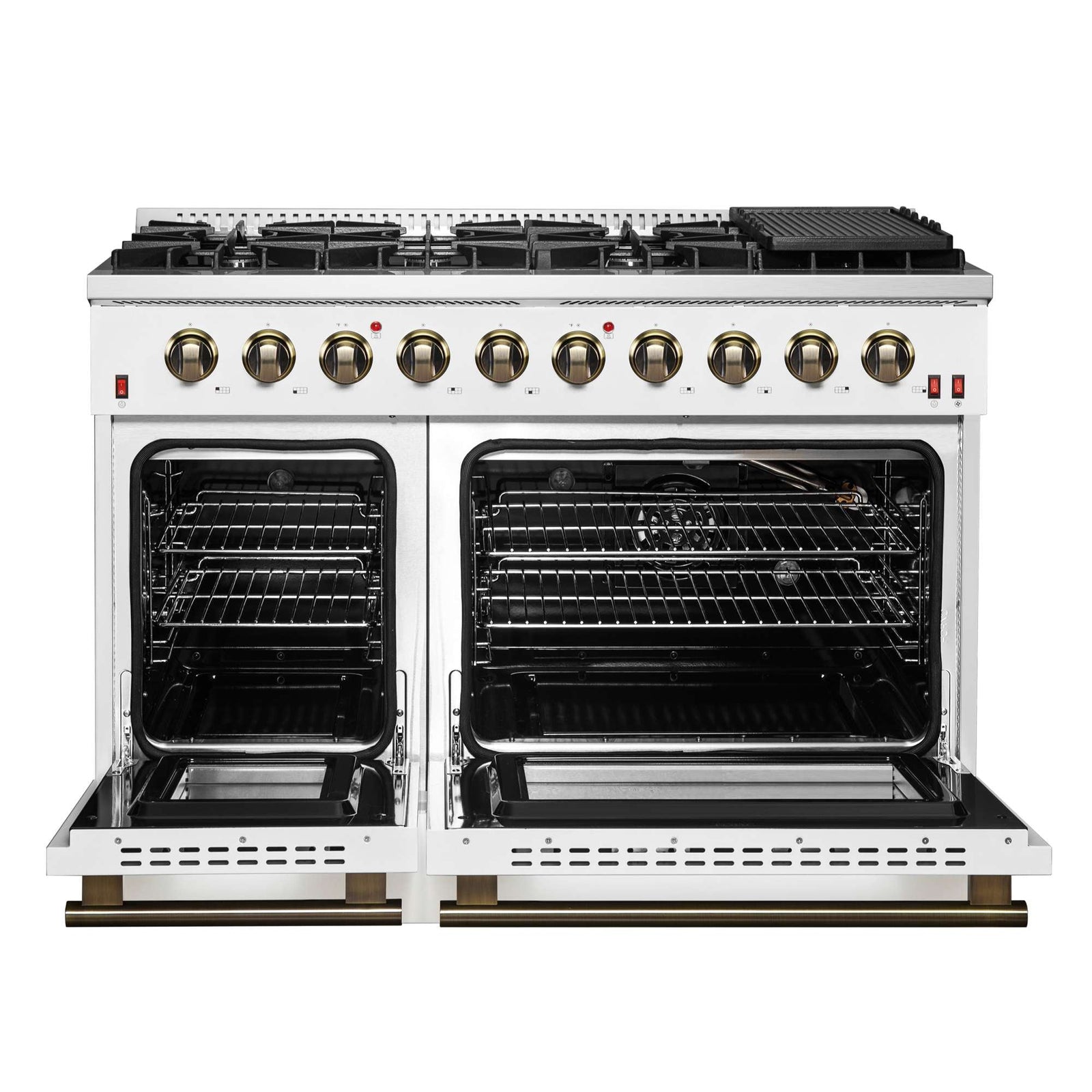 Forno Galiano 48-inch Gas Range White & Antique Brass Design, 8 Burners, 107,000 BTU, Griddle, 6.58 cu.ft. Double Ovens - FFSGS6244-48WHT
