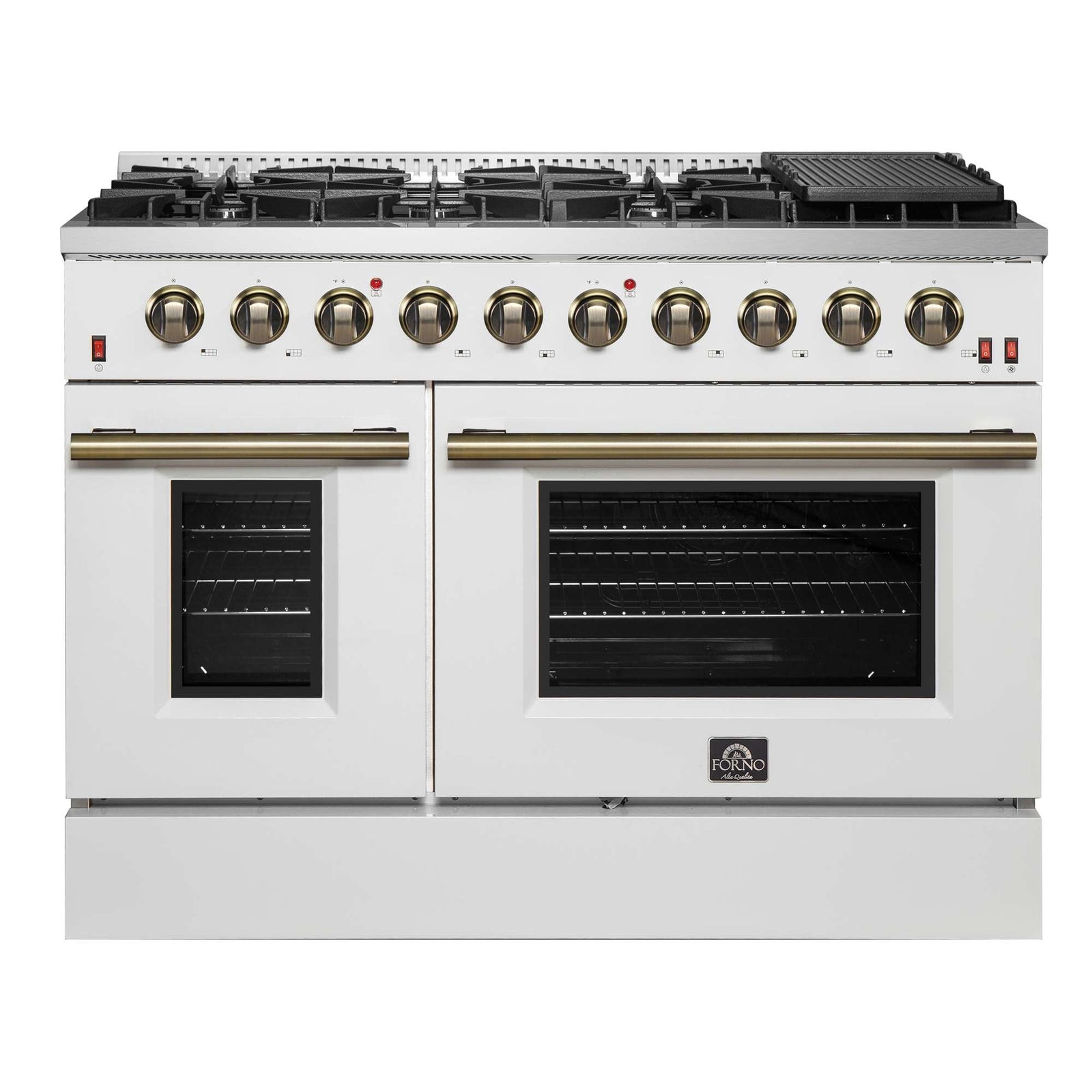 Forno Galiano 48-inch Gas Range White & Antique Brass Design, 8 Burners, 107,000 BTU, Griddle, 6.58 cu.ft. Double Ovens - FFSGS6244-48WHT