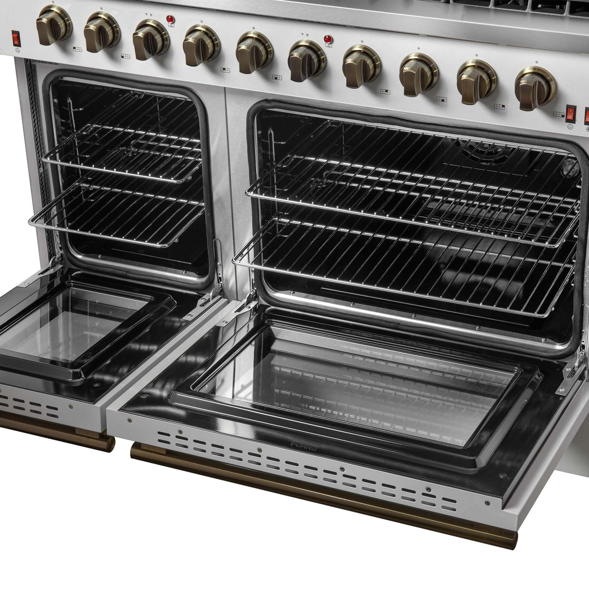 Forno Galiano 48-inch Gas Range White & Antique Brass Design, 8 Burners, 107,000 BTU, Griddle, 6.58 cu.ft. Double Ovens - FFSGS6244-48WHT