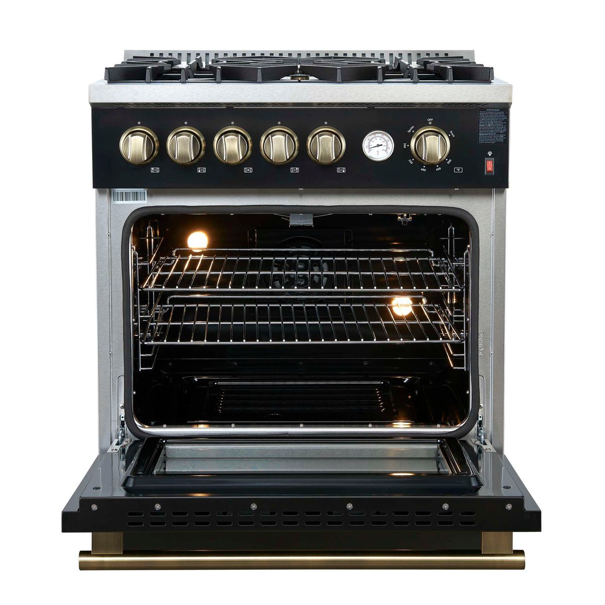 Forno Giovanni 30-inch Gas Range Black & Antique Brass Design, 5 Burners 67,000 BTU, 4.32 cu.ft. Convection Oven - FFSGS6274-30BLK