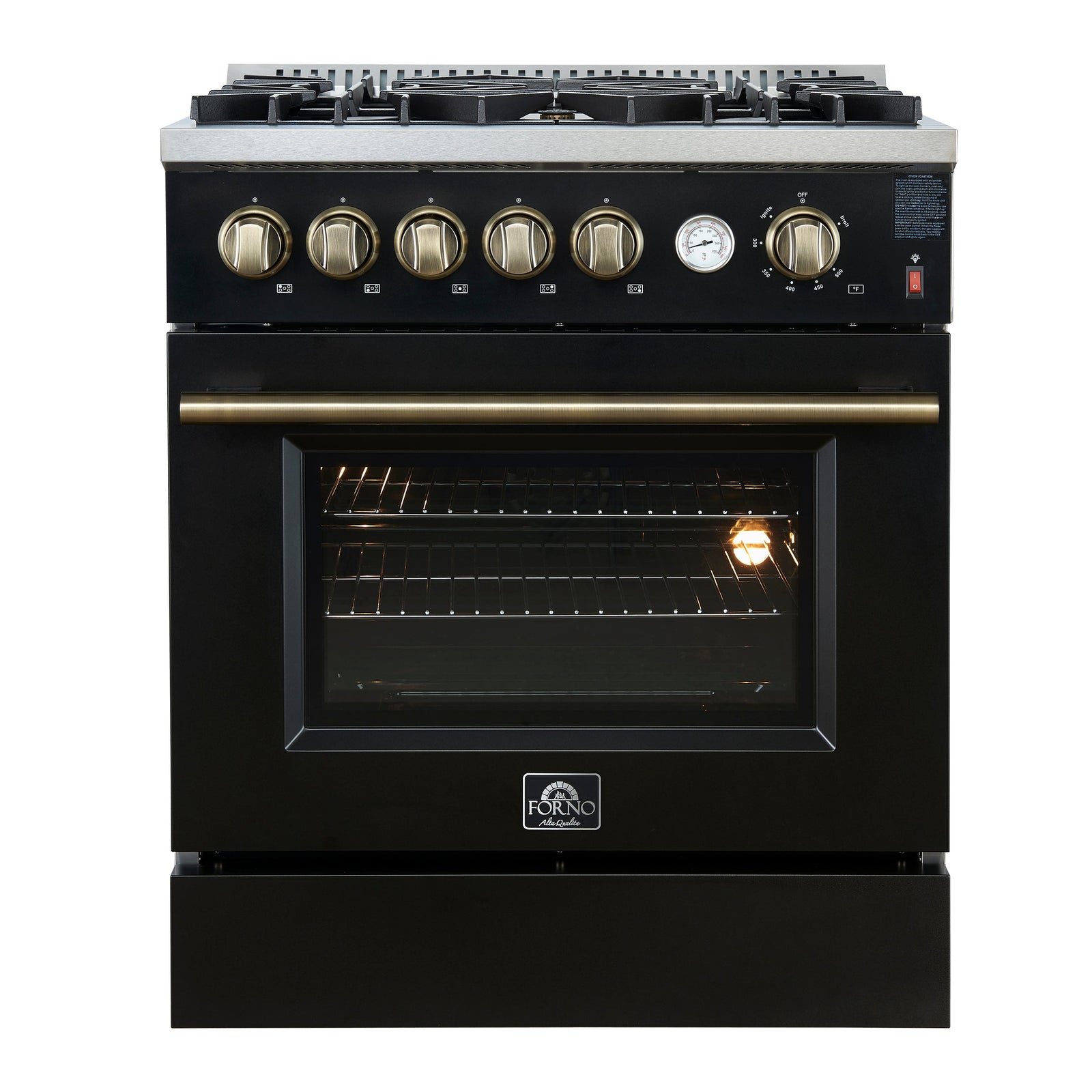 Forno Giovanni 30-inch Gas Range Black & Antique Brass Design, 5 Burners 67,000 BTU, 4.32 cu.ft. Convection Oven - FFSGS6274-30BLK