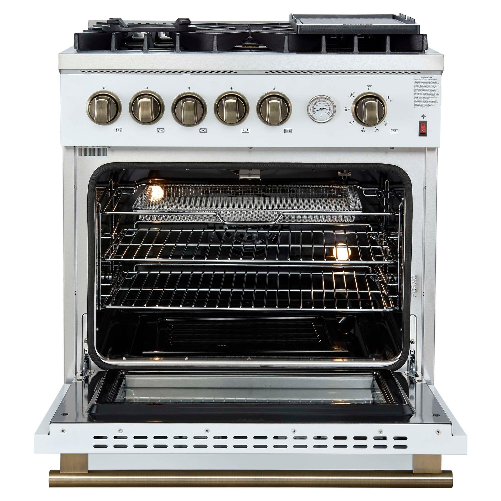 Forno Giovanni 30-inch Gas Range White & Antique Brass Design, 5 Burners 67,000 BTU, 4.32 cu.ft. Convection Oven - FFSGS6274-30WHT