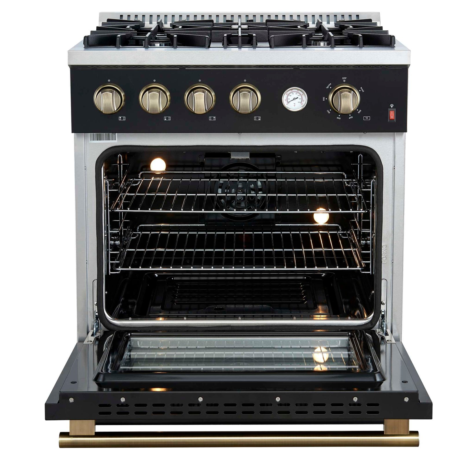 Forno Marco 30-inch Gas Range Black & Antique Brass Design, 4 Burners 37,000 BTU, 4.32 cu.ft. Convection Oven - FFSGS6277-30BLK