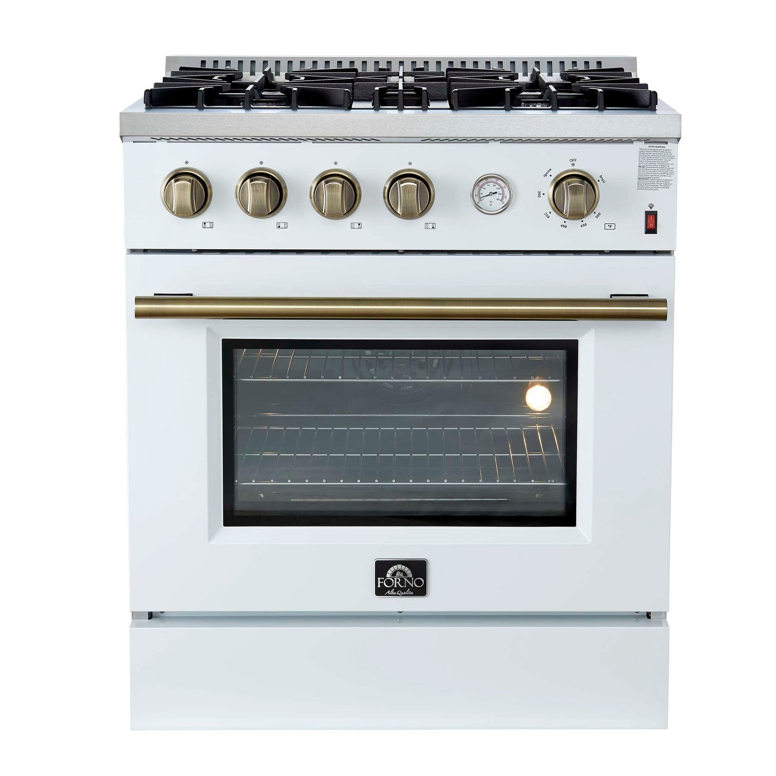Forno Marco 30-inch Gas Range White & Antique Brass Design, 4 Burners 37,000 BTU, 4.32 cu.ft. Convection Oven - FFSGS6277-30WHT