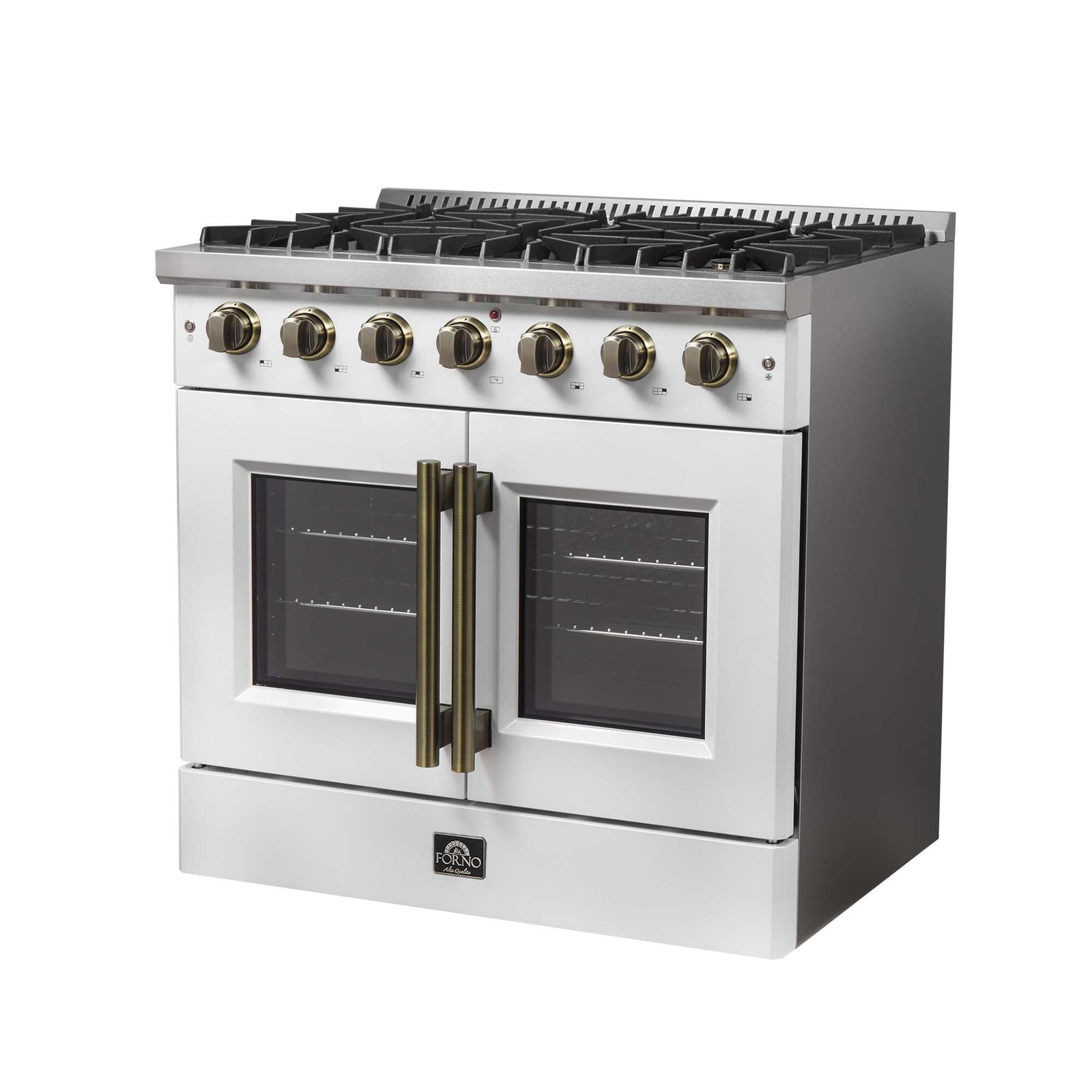 Forno Galiano 36-inch French Door Gas Range White and Antique Brass Design, 6 Sealed Burners 83,000 BTU, 5.36 cu.ft. Convection Oven - FFSGS6444-36WHT