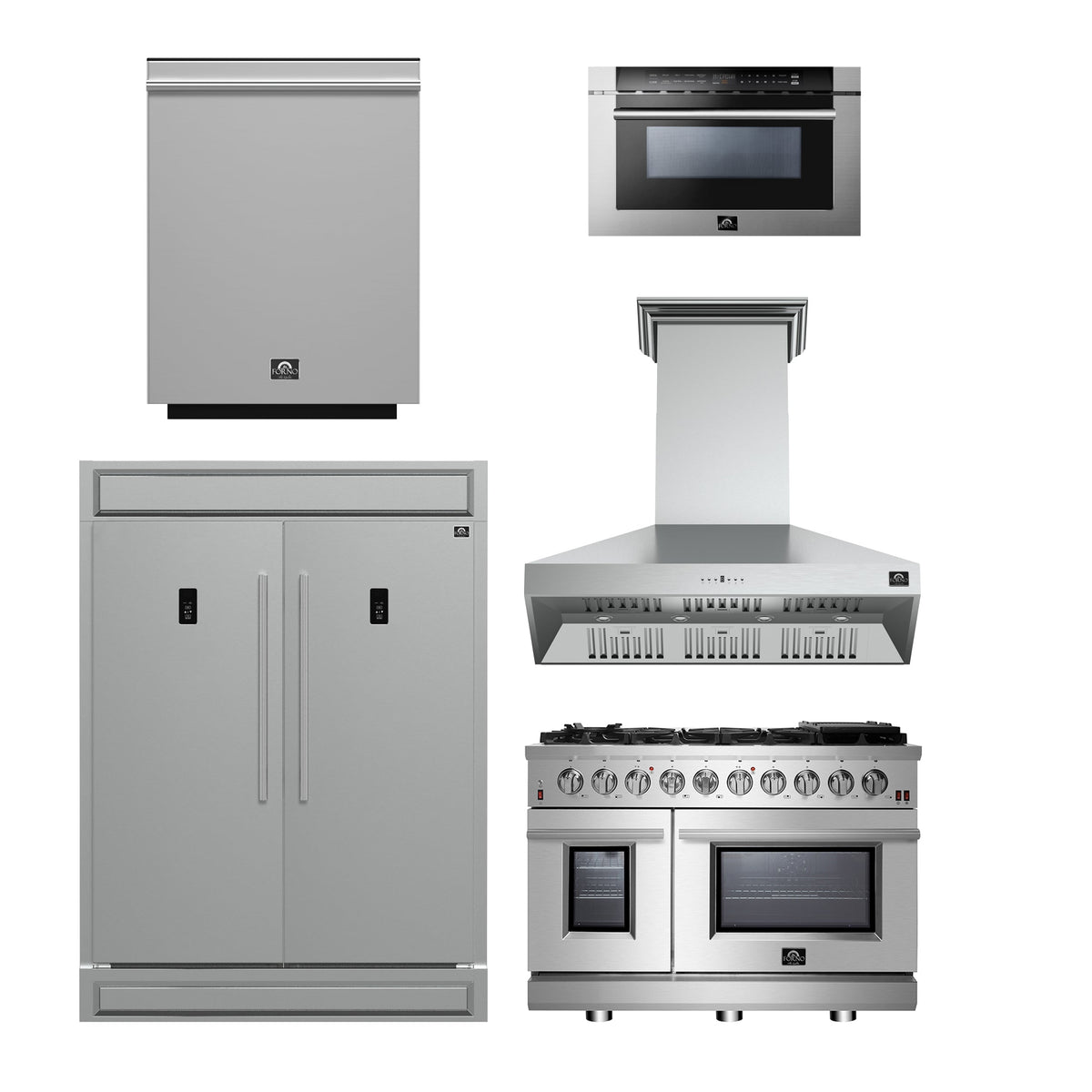 Forno 5-Piece SS Kitchen Bundle - 48" Gas Range, 60" SxS Fridge, 48" Range Hood, 24" DW, 30" MW - FBDL-REM-003