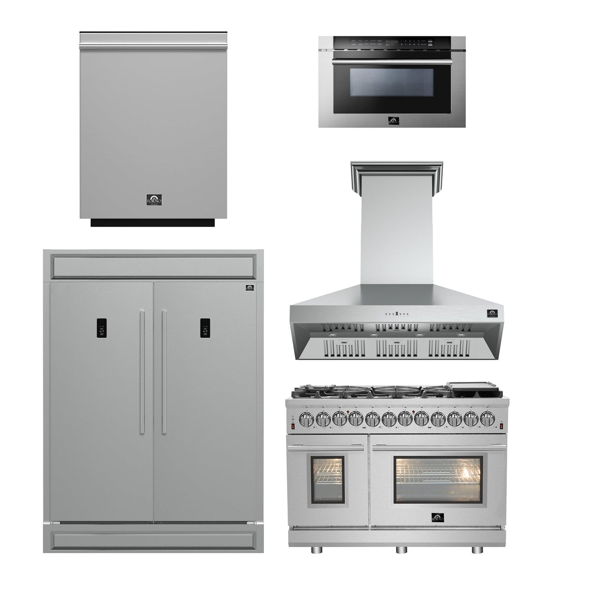 Forno 5-Piece SS Kitchen Bundle - 48" Gas Range, 60" SxS Fridge, 48" Range Hood, 24" DW, 30" MW - FBDL-REM-006