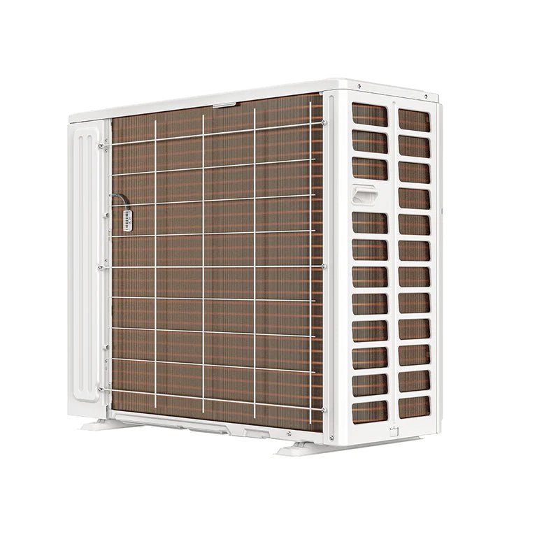 Back angle of Condenser for MRCOOL DIY 5th Gen 2-Zone 18,000 BTU 23.9 SEER2 (9K + 9K) Ductless Mini Split AC and Heat Pump with Ceiling Cassettes