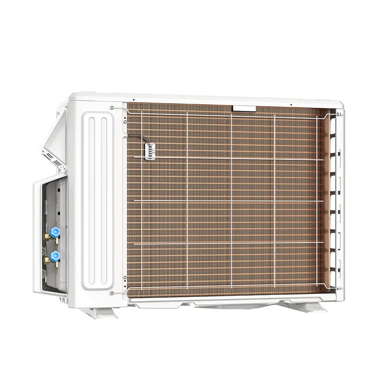 Back of condenser for MRCOOL DIY 5th Gen 2-Zone 18,000 BTU 23.9 SEER2 (9K + 9K) Ductless Mini Split AC and Heat Pump with Ceiling Cassettes