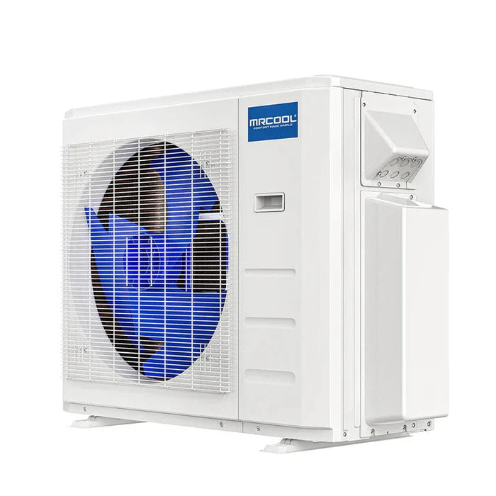 MRCOOL DIY Multi Zone 5th Gen 27K BTU Three Zone Ductless Mini Split with Ceiling Cassettes 9K + 9K + 9K Condenser Front Side Angle