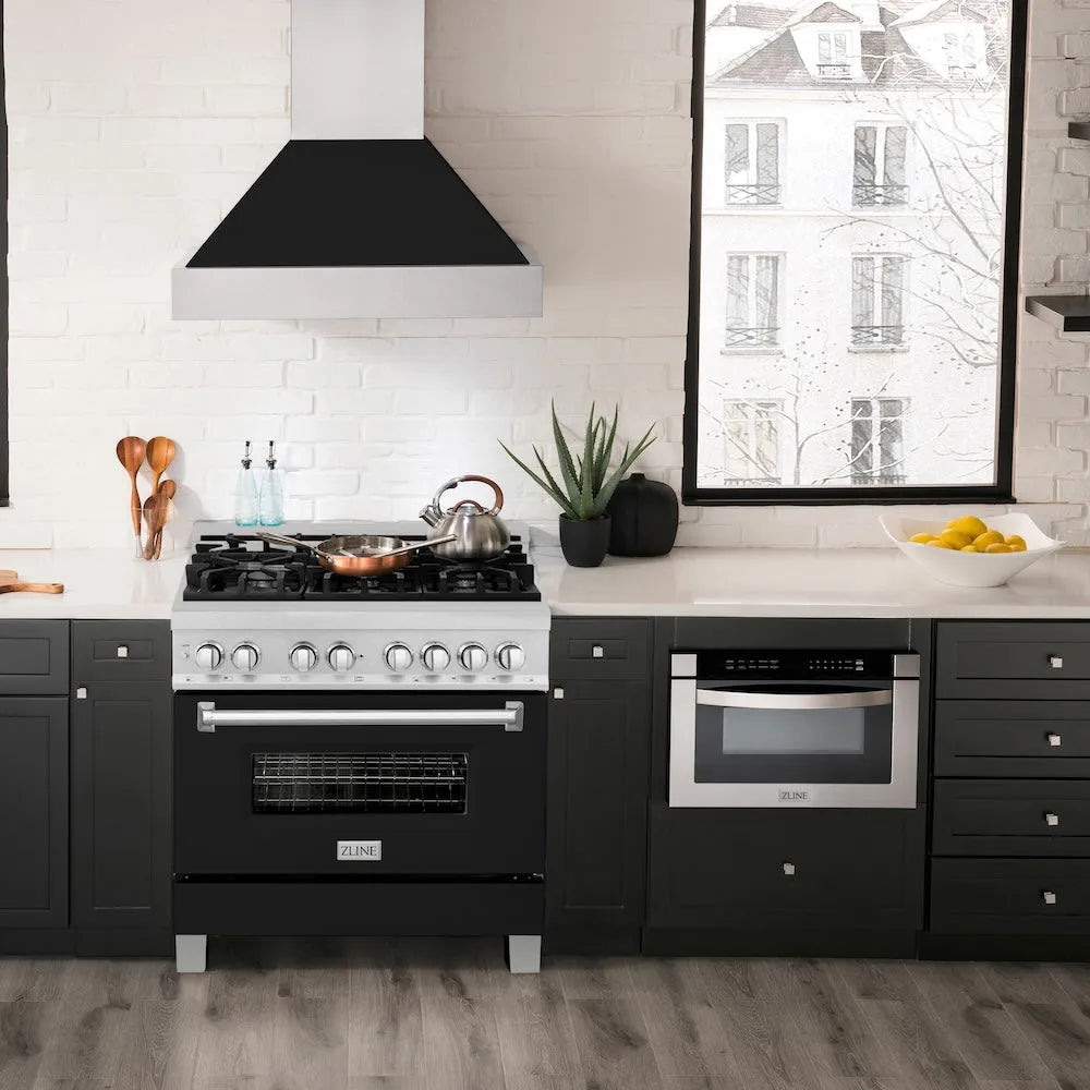 ZLINE Legacy 36-inch range in satin stainless steel with black matte door RAS-BLM-36, view 2