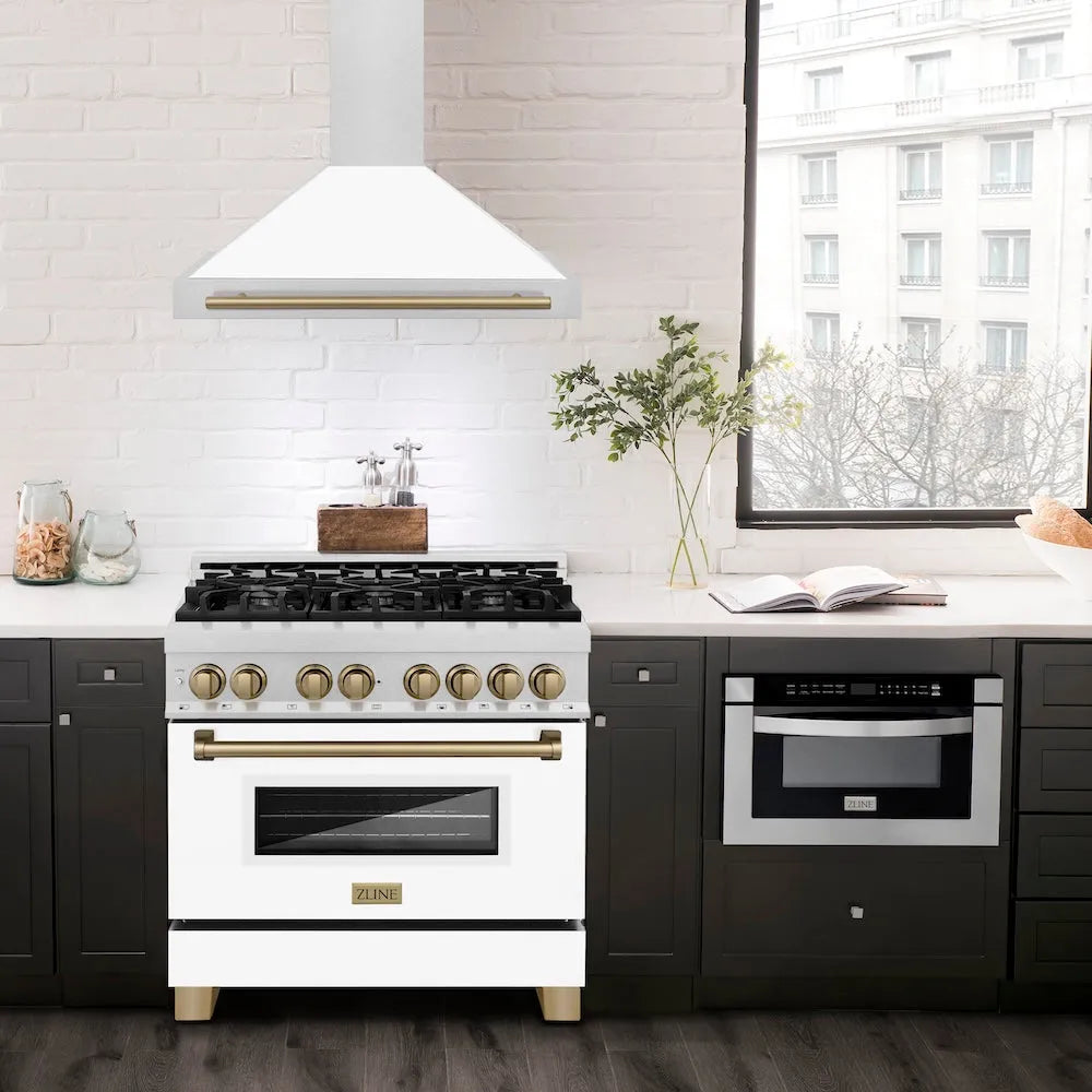 ZLINE Autograph Edition 36-inch range hood in satin stainless steel and champagne bronze accents KB4SNZ-WM36-CB, view 2