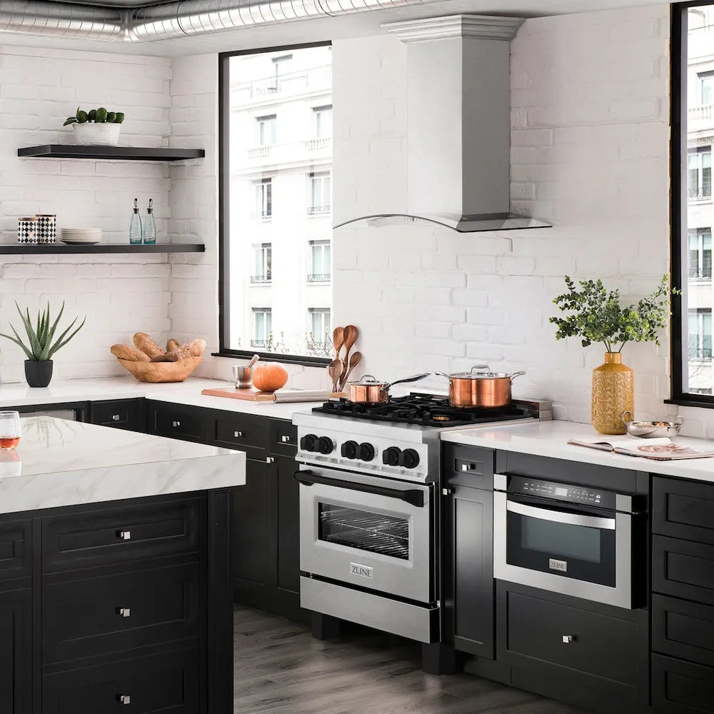 ZLINE Autograph Edition Legacy 30-inch range in satin stainless steel and matte black accents RASZ-SN-30-MB, side view