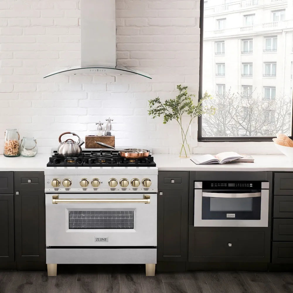 ZLINE Autograph Edition Legacy 36-inch range in satin stainless steel and polished gold accents RASZ-SN-36-G, view 2