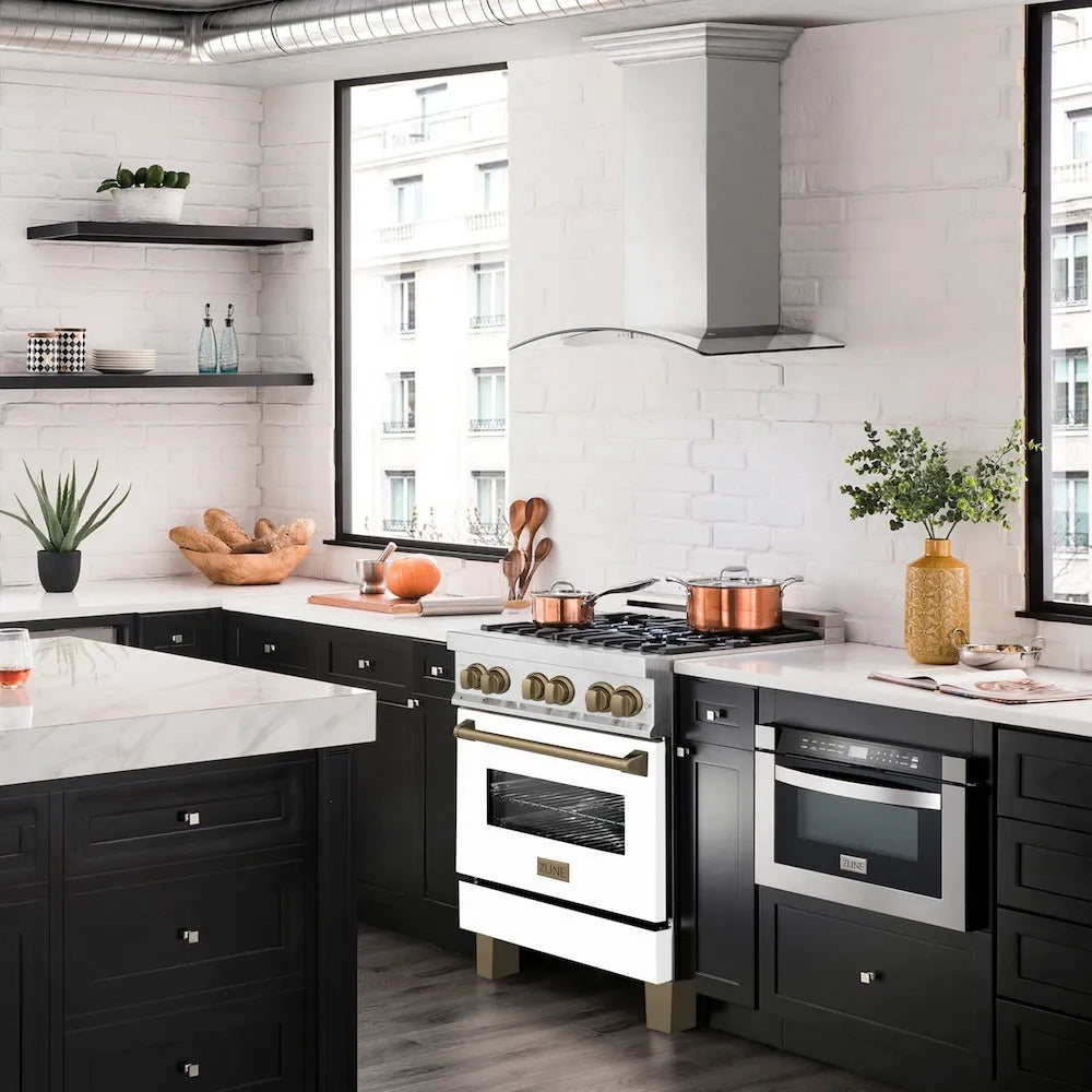 ZLINE Autograph Edition Legacy 30-inch range in satin stainless steel with white matte door and champagne bronze accents RASZ-WM-30-CB, side view