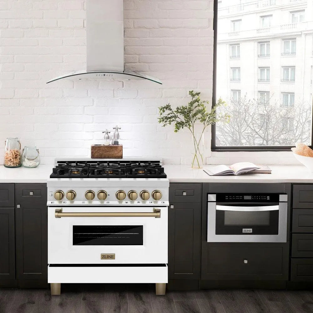 ZLINE Autograph Edition Legacy 36-inch range in stainless steel with white matte door and champagne bronze accents RAZ-WM-36-CB, view 2