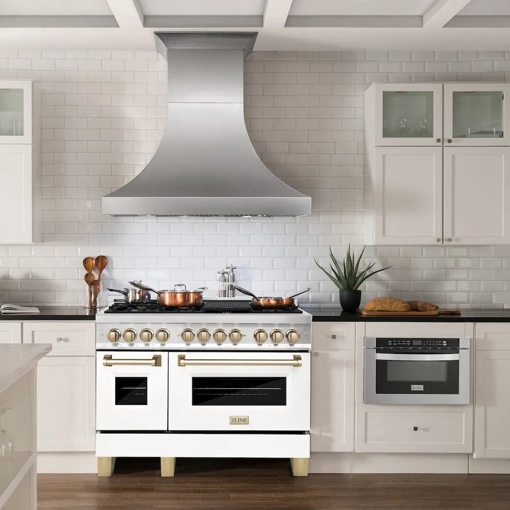 ZLINE Autograph Edition Legacy 48-inch range in satin stainless steel with white matte door and polished gold accents RASZ-WM-48-G, view 2