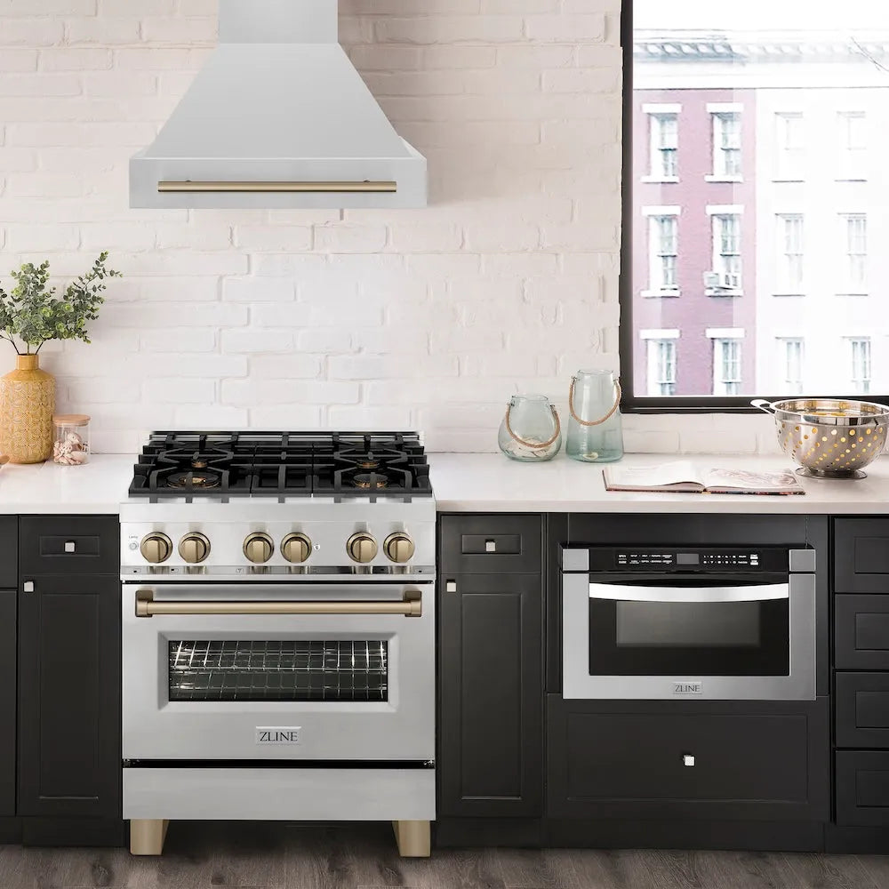 ZLINE Autograph Edition 30-inch range hood in stainless steel and champagne bronze accents 8654STZ-30-CB, view 2