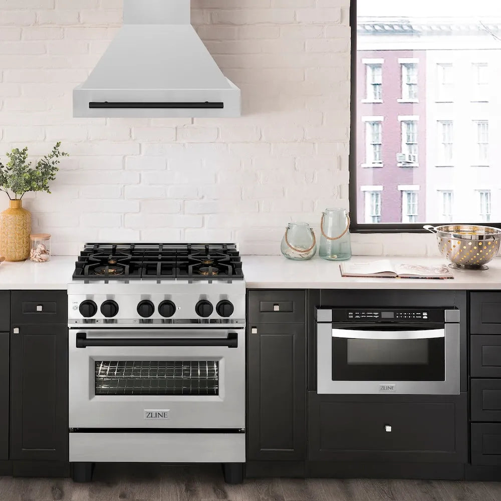 ZLINE Autograph Edition 30-inch range hood in stainless steel and matte black accents 8654STZ-30-MB, view 2