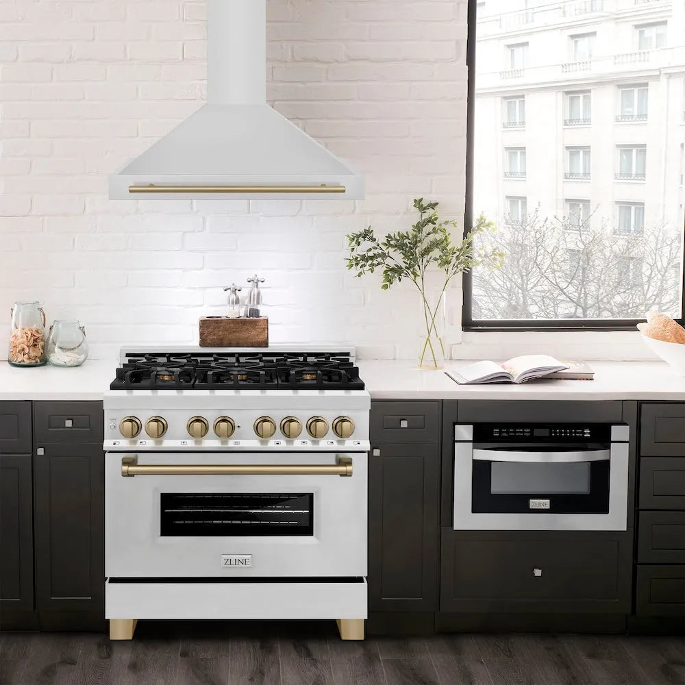 ZLINE Autograph Edition 36-inch range hood in stainless steel and champagne bronze accents KB4STZ-36-CB, view 2