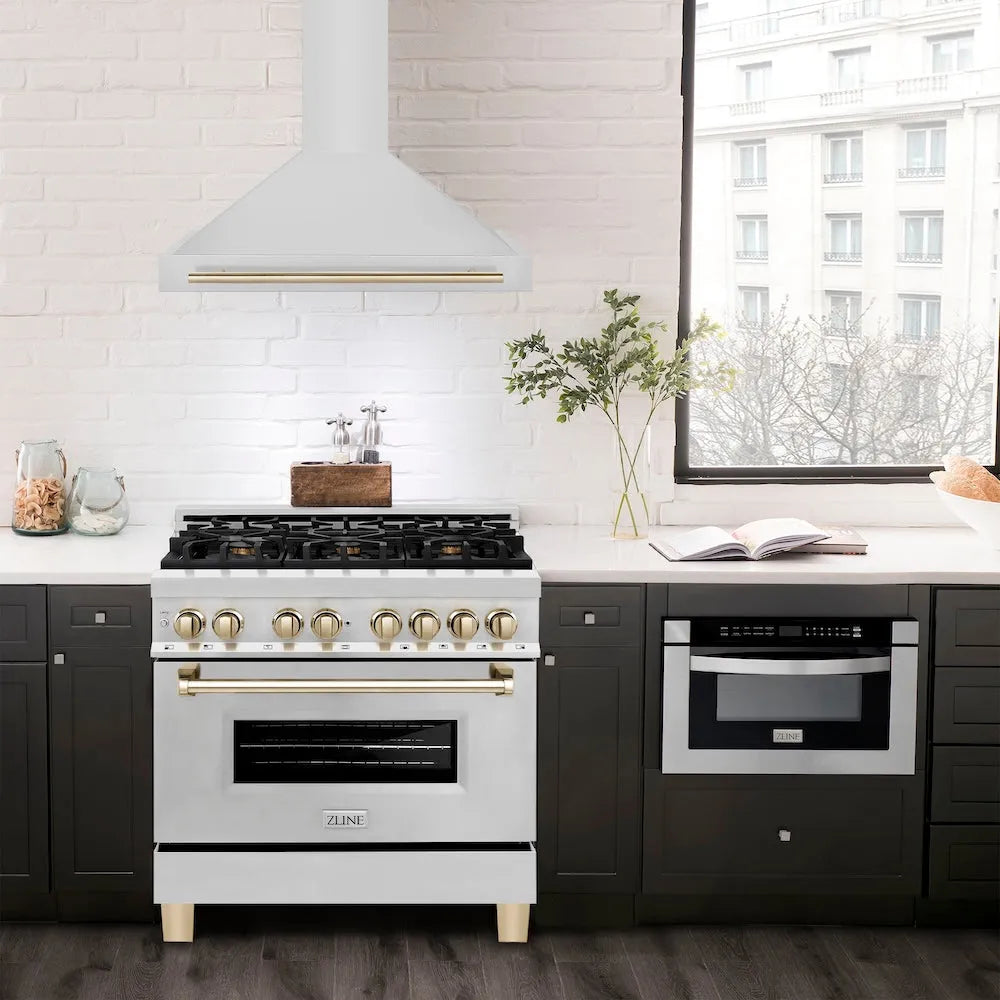 ZLINE Autograph Edition 36-inch range hood in stainless steel and polished gold accents KB4STZ-36-G, view 2