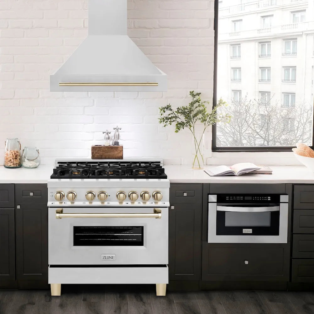 ZLINE Autograph Edition 36-inch range hood in stainless steel and polished gold accents 8654STZ-36-G, view 2