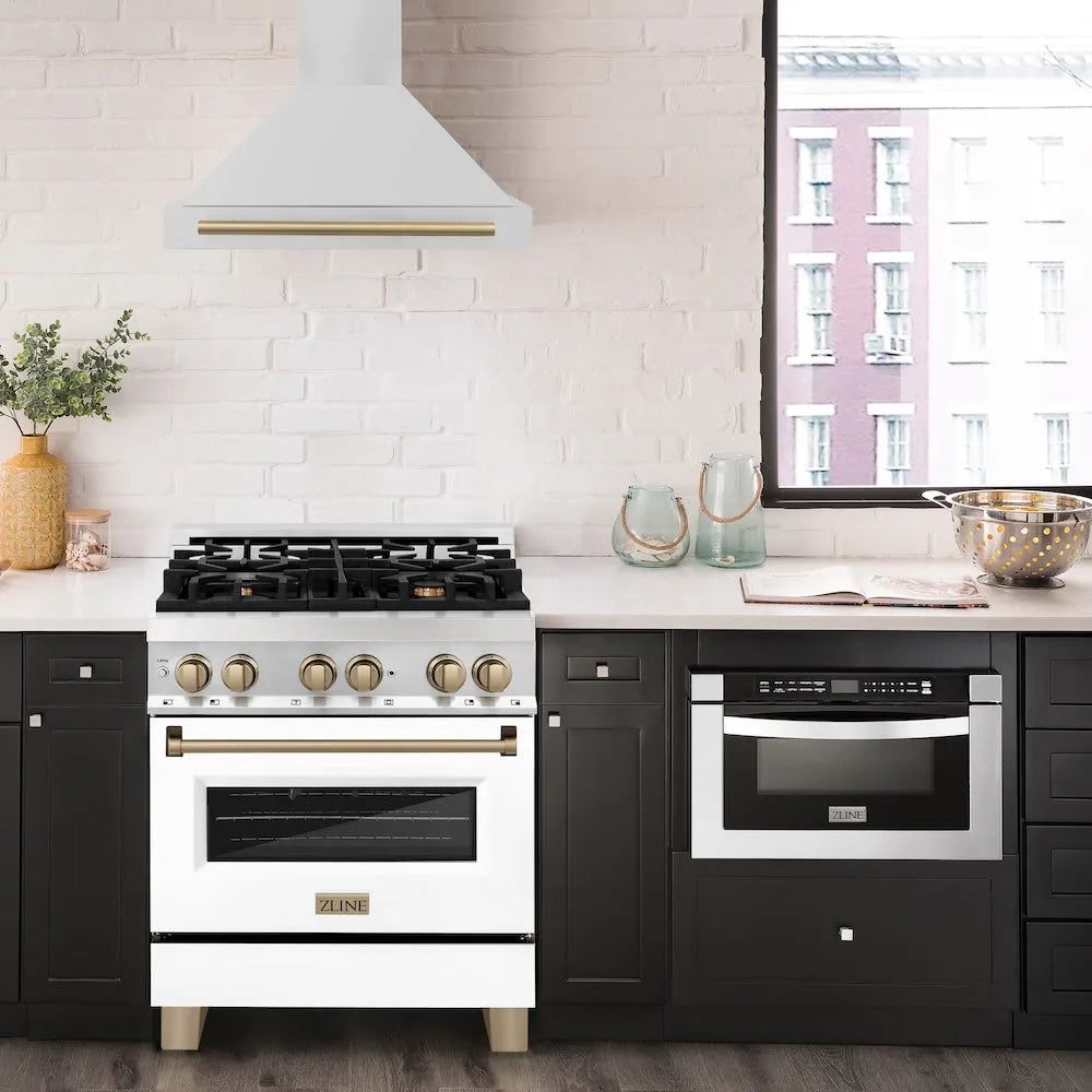 ZLINE Autograph Edition 30-inch range hood in stainless steel and champagne bronze accents KB4STZ-30-CB, view 2