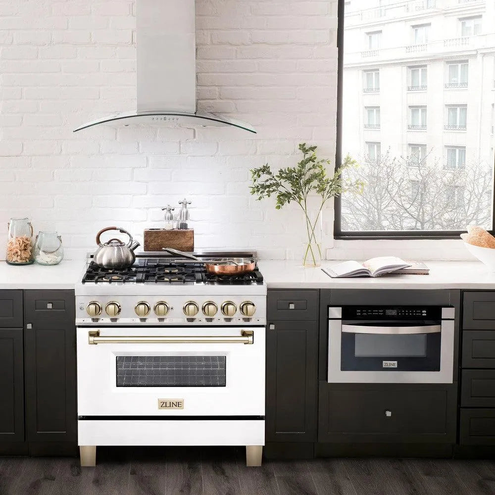 ZLINE Autograph Edition Legacy 36-inch range in stainless steel with white matte door and polished gold accents RAZ-WM-36-G, view 2