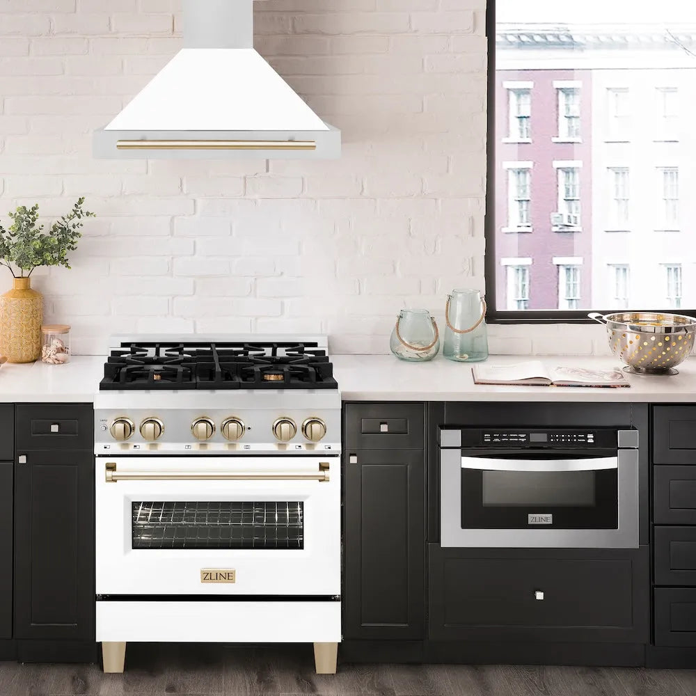 ZLINE Autograph Edition 30-inch range hood in white matte and polished gold accents KB4STZ-WM30-G, view 2
