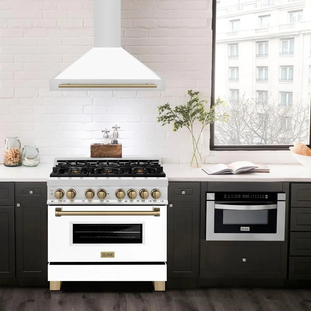 ZLINE Autograph Edition 36-inch range hood in white matte and champagne bronze accents KB4STZ-WM36-CB, view 2