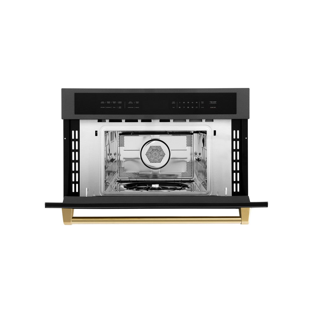 ZLINE Autograph Edition 30-inch microwave in black stainless steel and polished gold accents MWOZ-30-BS-G, view 6