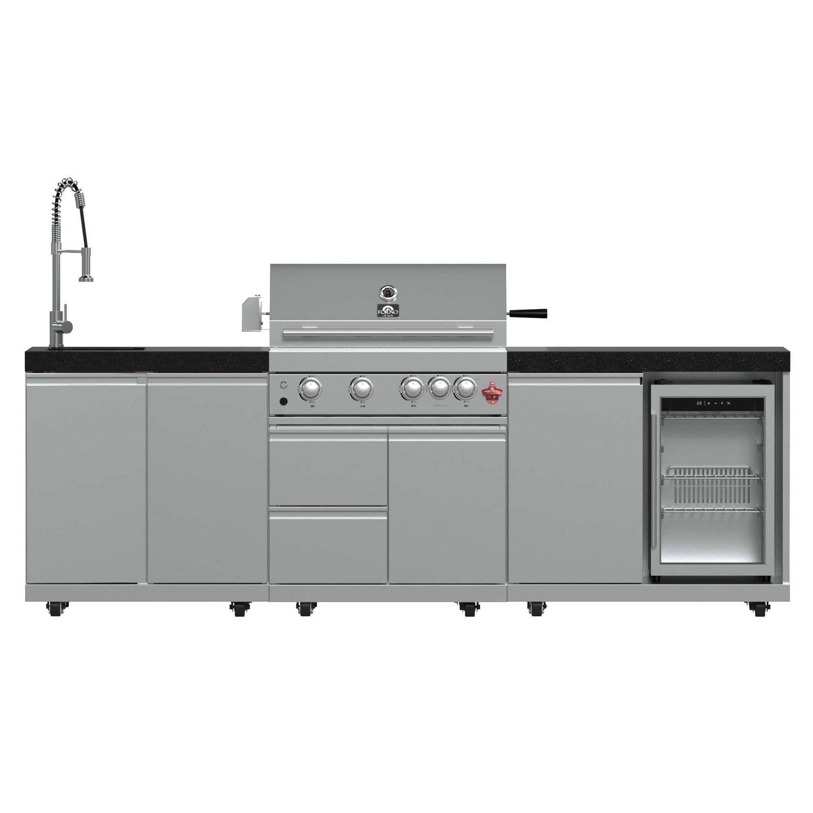 Forno Bulnes 30-Inch BBQ, 60,000 BTU, 3 Burners with Sear & Rotisserie Infrared Burners, Stainless Steel Outdoor Kitchen with 1.8 cu.ft. Beverage Center & Black Granite Countertops - FODKT2506BLK
