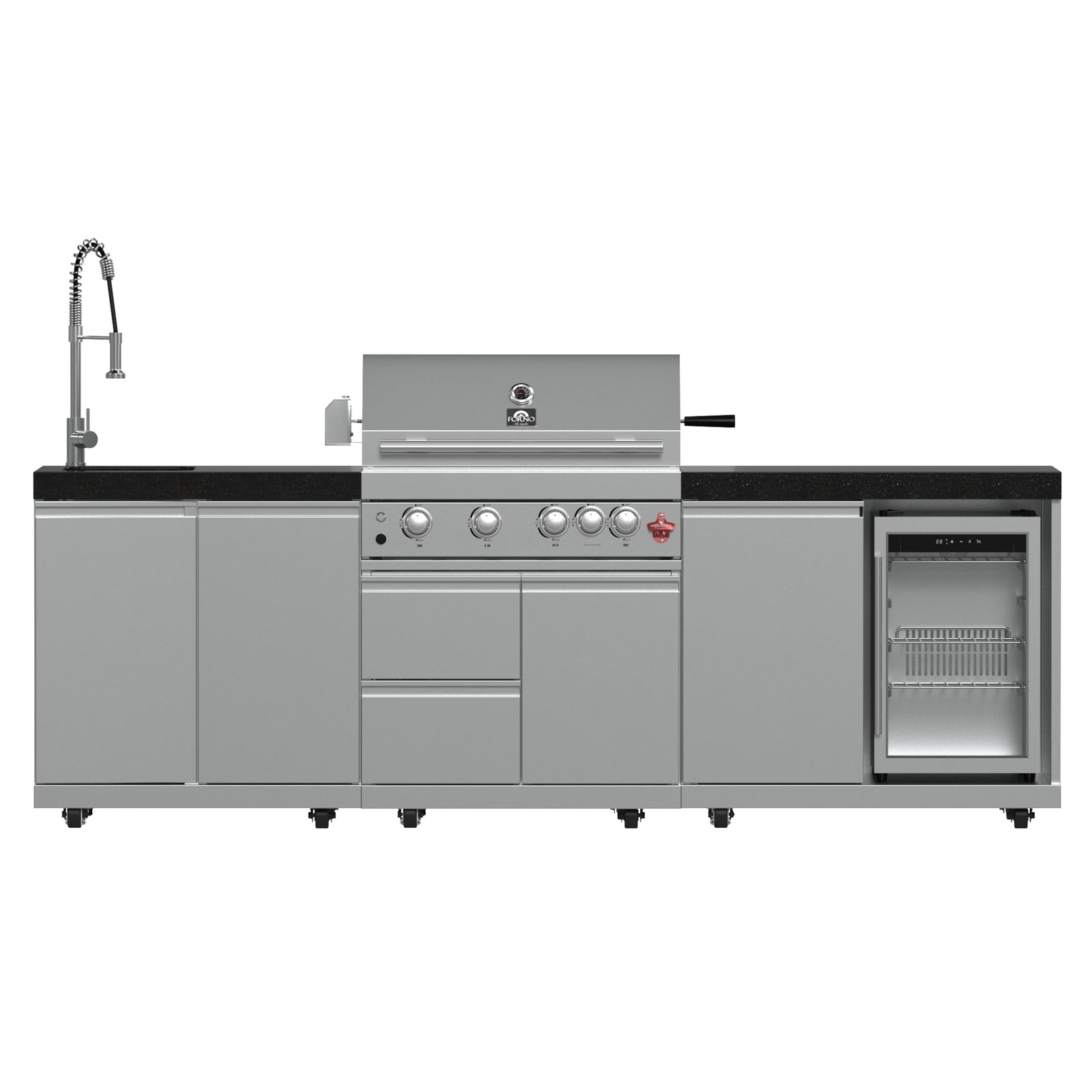 Forno Bulnes 30-Inch BBQ, 60,000 BTU, 3 Burners with Sear & Rotisserie Infrared Burners, Stainless Steel Outdoor Kitchen with 1.8 cu.ft. Beverage Center & Black Granite Countertops - FODKT2506BLK