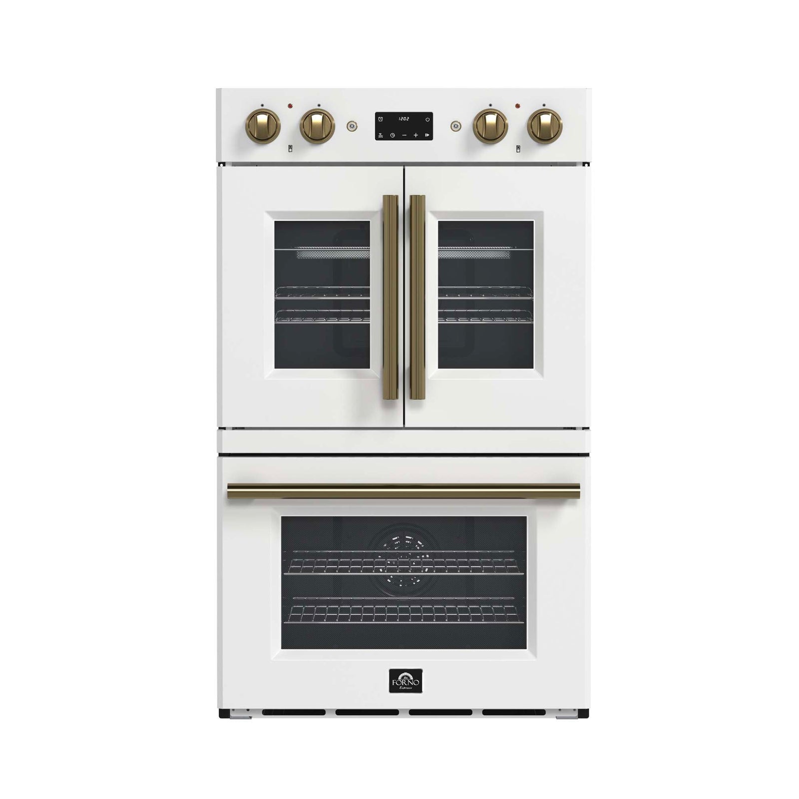 Forno Asti 30-Inch Double Electric Wall Oven with Upper French Doors in White & Antique Brass, 7.36 cu. ft. Dual True Convection, 7,200W, Air Fry, Sous Vide, Self-Clean - FBOEL1340-30WHT