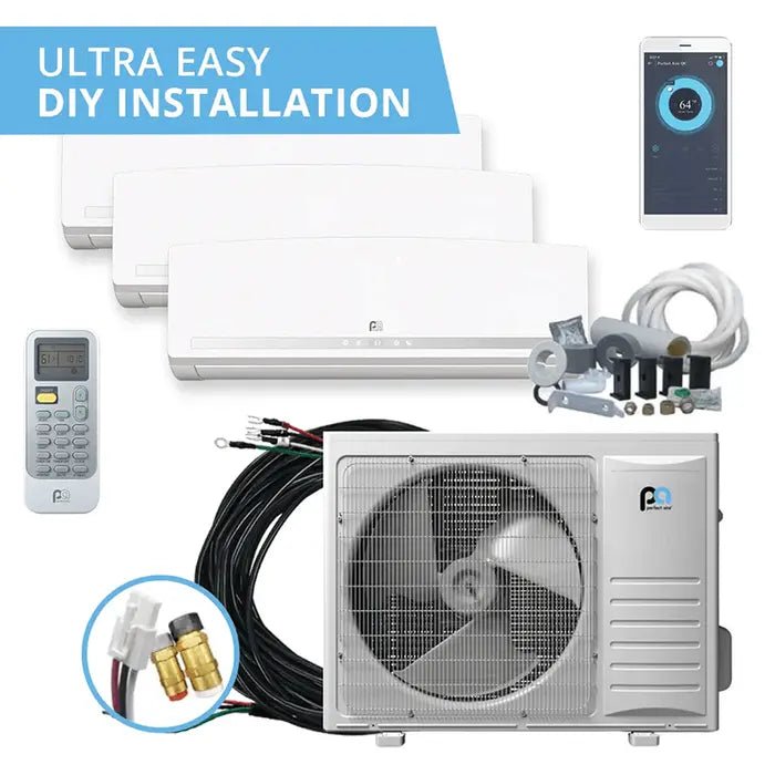Perfect Aire DIY Multi-Zone 3 Zone 24,000 BTU (9K + 12K + 12K) Mini Split Air Conditioner Heat Pump System