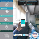Smart air conditioner control app on a smartphone with features listed and a person using the app in a living room.