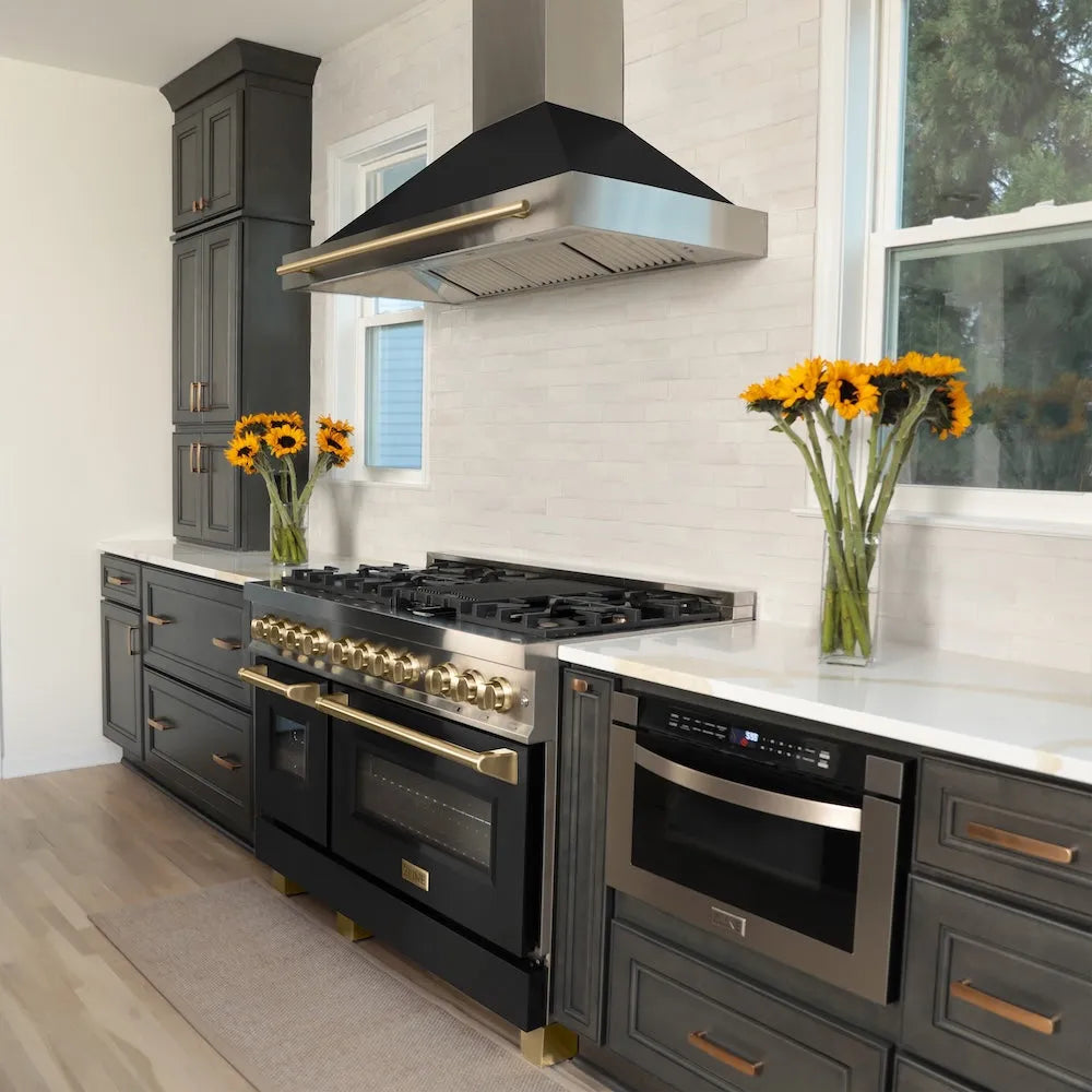 ZLINE Autograph Edition 48-inch range hood in black matte and champagne bronze accents KB4STZ-BLM48-CB, view 2
