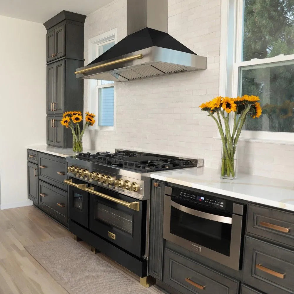 ZLINE Autograph Edition Legacy 48-inch range in stainless steel with black matte door and polished gold accents RAZ-BLM-48-G, view 2