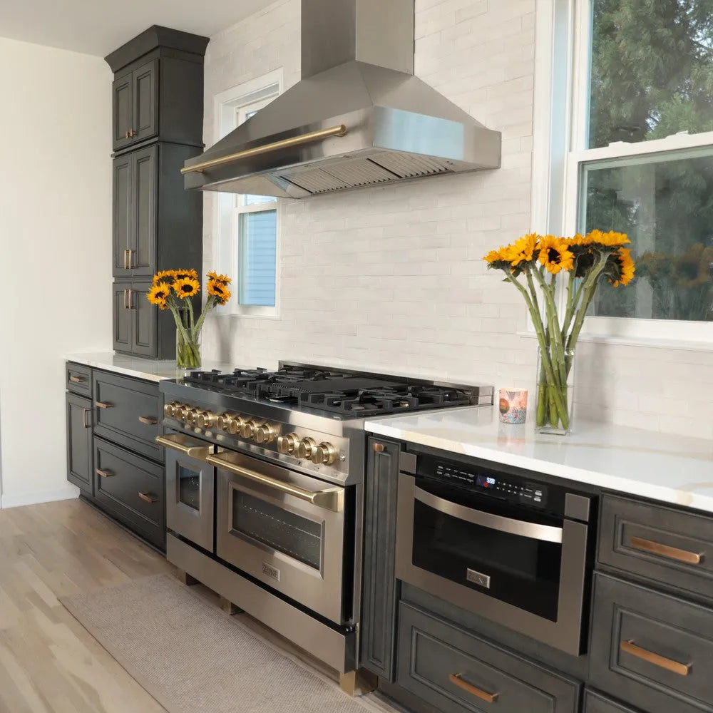 ZLINE Autograph Edition 48-inch range hood in stainless steel and champagne bronze accents 8654STZ-48-CB, view 7