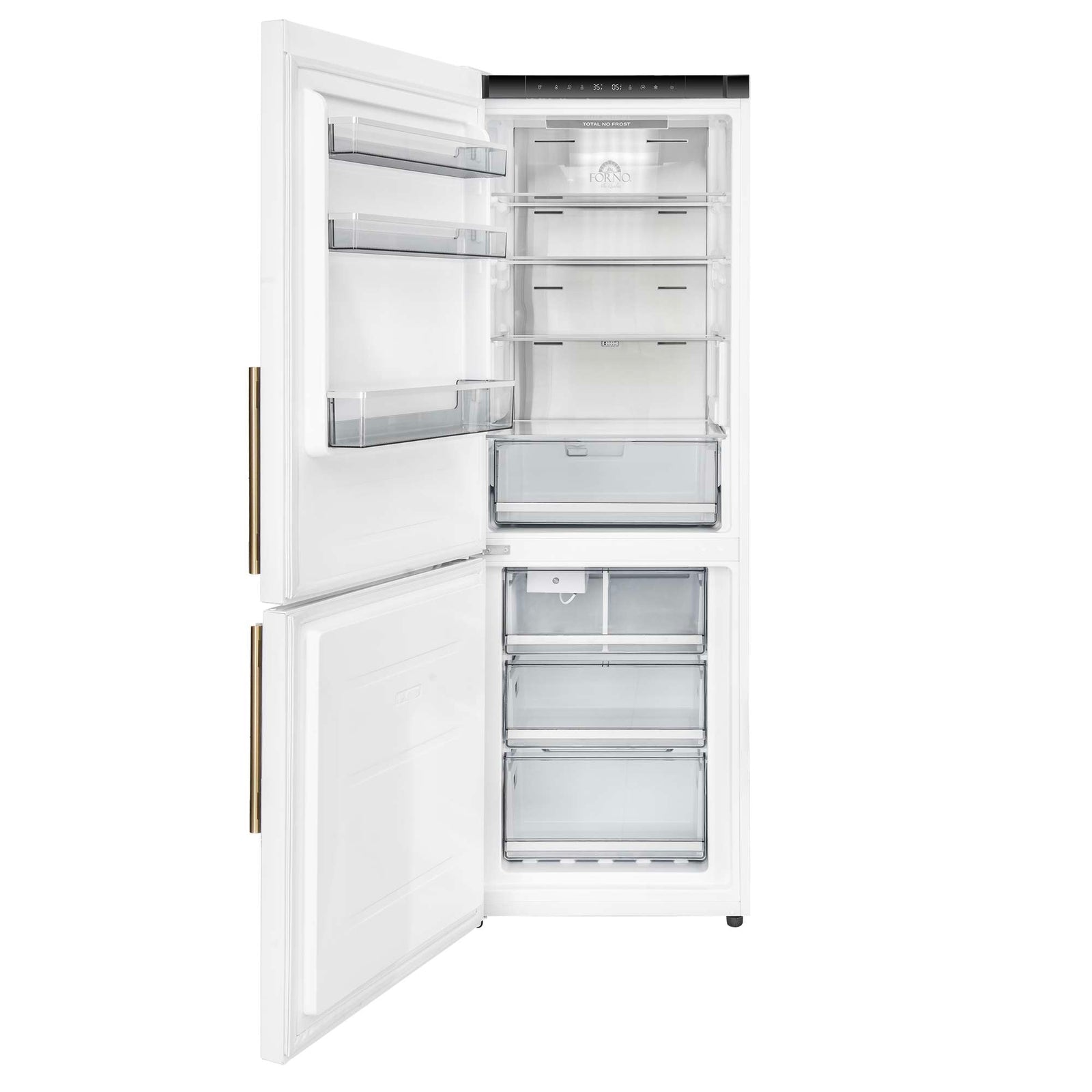 Forno Custodia 24" Bottom Freezer, 10.3 cf., Left Swing, Ice Maker, Total No frost, White, Antique Brass handles - FFFFD1766-24WHT-LS