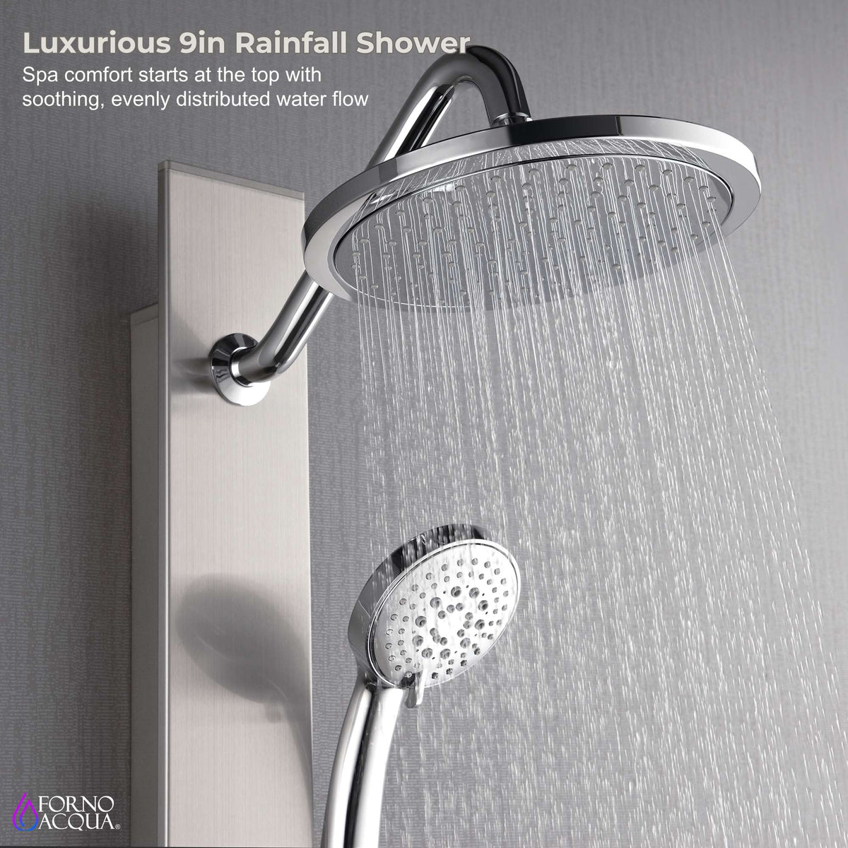 Forno Acqua AcquaSPA Shower Panel in Stainless Steel, Overhead Rainfall Shower, Handheld Shower Head, Body Jets, 6 Way Diverter, 2.5 GPM Flow Rate - SL31BC-2
