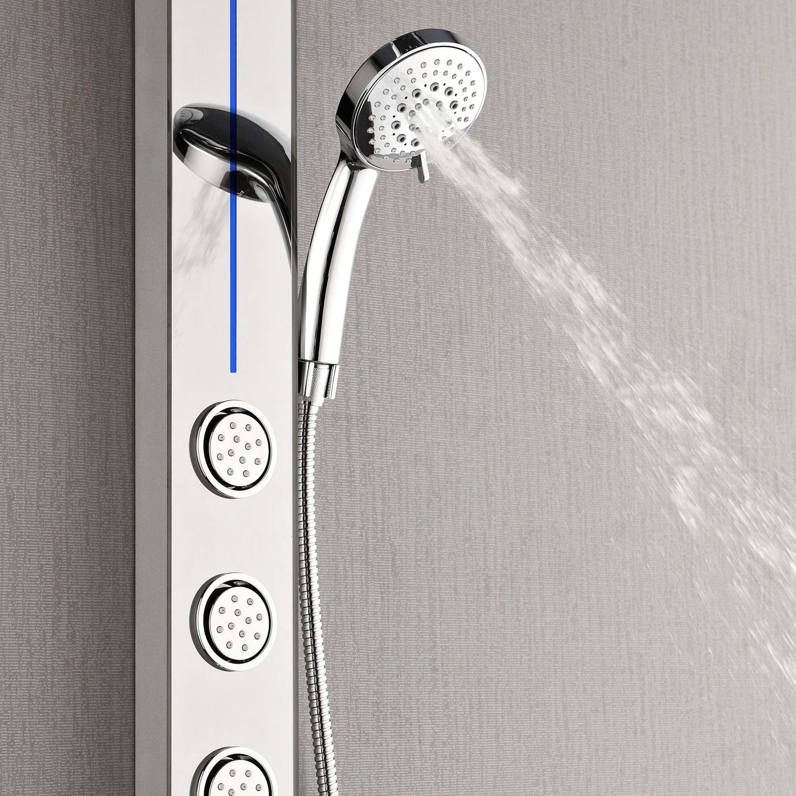 Forno Acqua AcquaSPA Shower Panel with SensoTEMP, Mirrored Stainless Steel Finish, Overhead Rainfall Shower, Handheld Shower Head, Body Jets, 2.5 GPM Flow Rate - SL31MC-L2