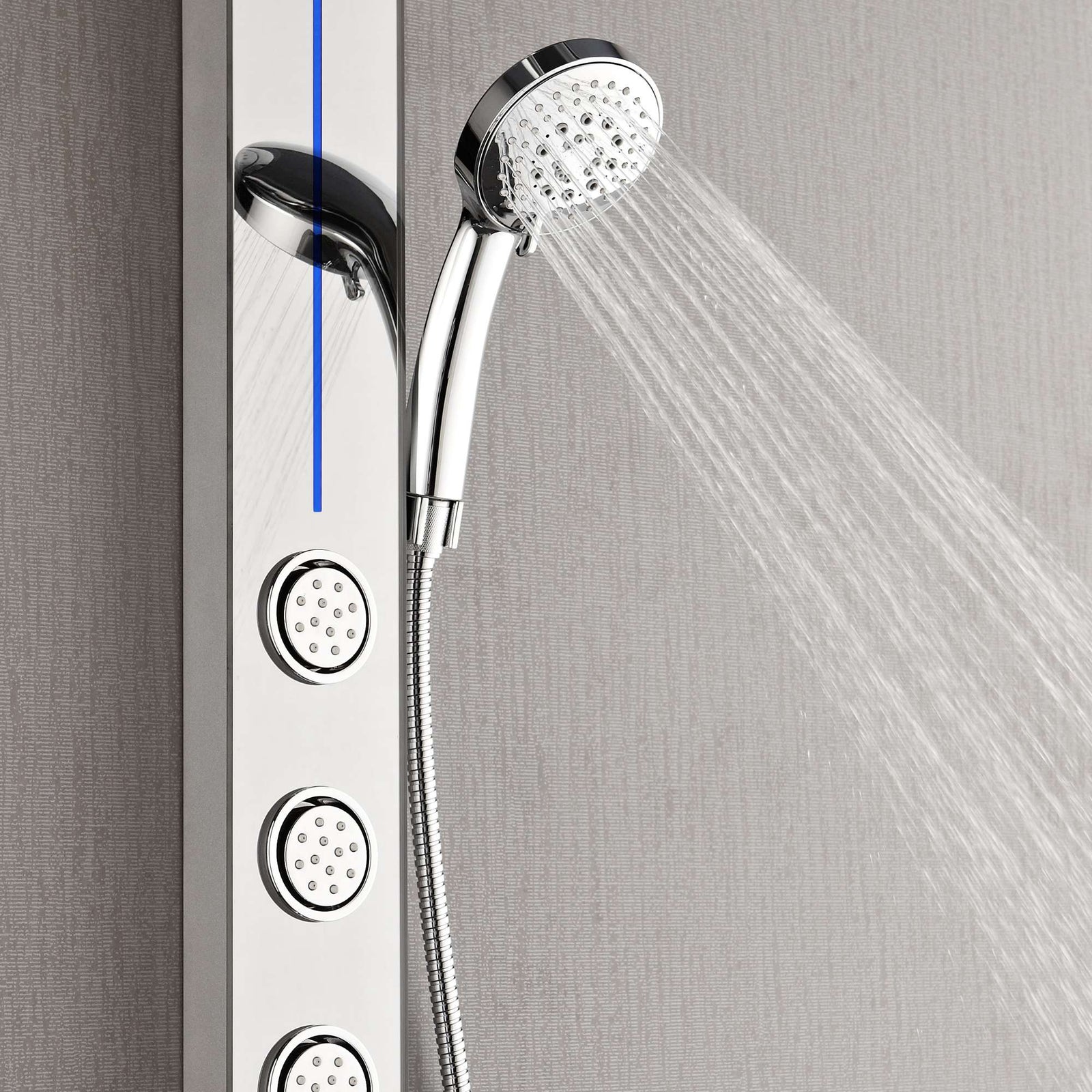 Forno Acqua AcquaSPA Shower Panel with SensoTEMP, Mirrored Stainless Steel Finish, Overhead Rainfall Shower, Handheld Shower Head, Body Jets, 1.8 GPM Flow Rate - SL31MC-L8