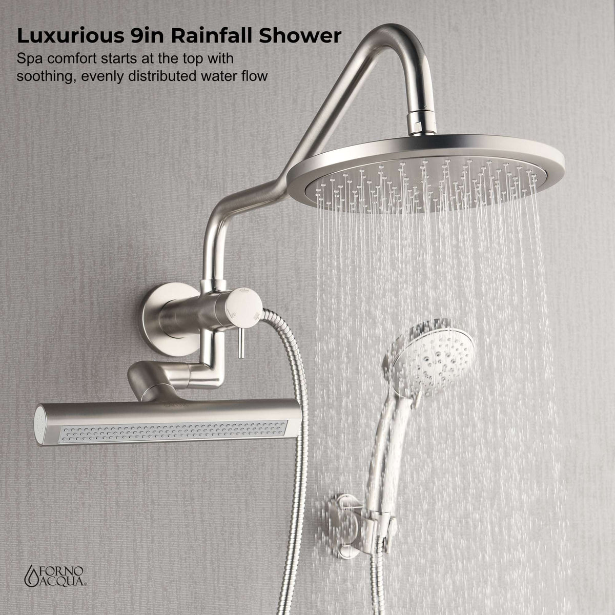 Forno Acqua AcquaFALL Mini Shower Head, Brushed Nickel Finish, Overhead Rainfall Shower, 7 Way Diverter, Handheld Shower Head, Body Jets, 2.5 GPM Flow Rate - SMW1BN-C2