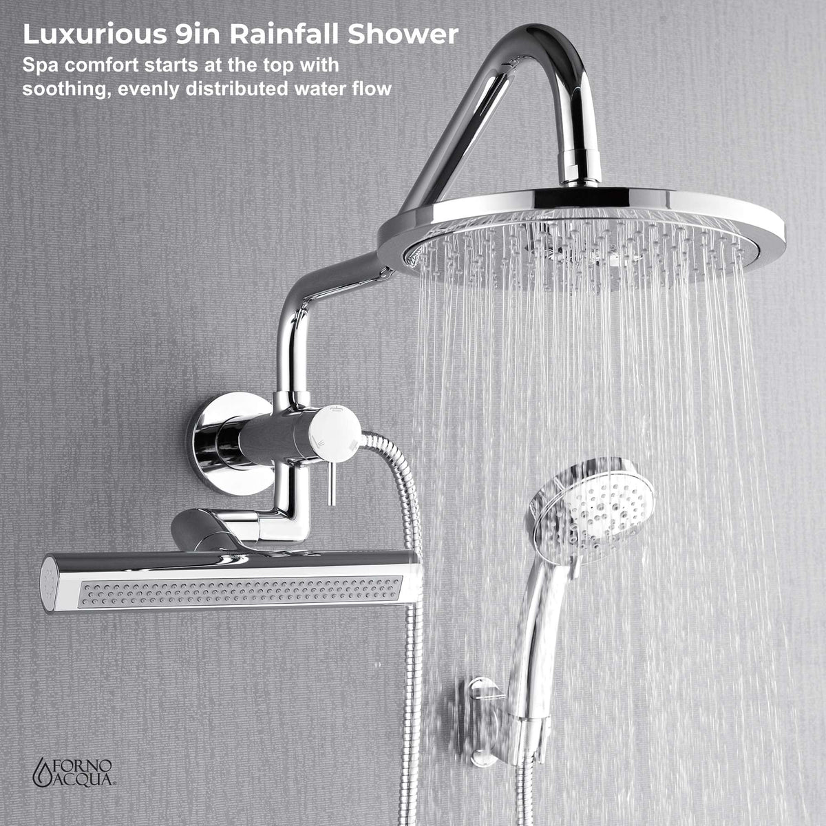 Forno Acqua AcquaFALL Mini Shower Head, Polished Stainless Steel Finish, Overhead Rainfall Shower, 7 Way Diverter, Handheld Shower Head, Body Jets, 1.8 GPM Flow Rate - SMW1CP-C8